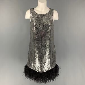 BADGLEY MISCHKA S Silver & Black Polyester Sequined Ostrich Feathers Dress
